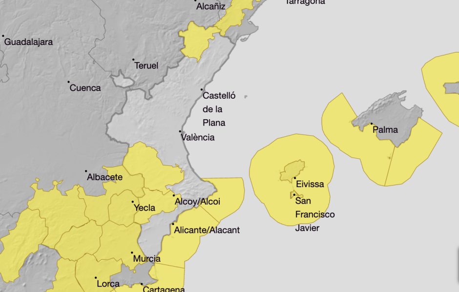 Mapa con los avisos de Aemet por la borrasca Marta para este domingo 8 de febrero en la Comunidad Valenciana.
