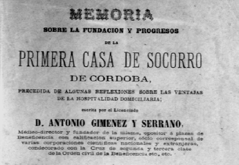 Documento que cita la primera Casa de Socorro que hubo en Córdoba