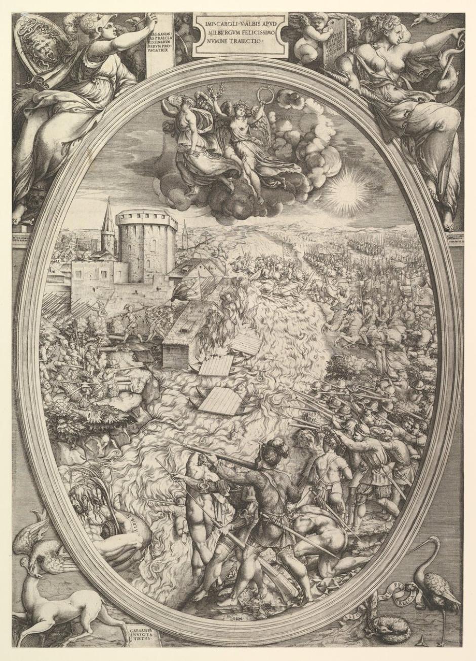 La batalla de Mühlberg con el ejército de Carlos V cruzando el río Elba, 1551