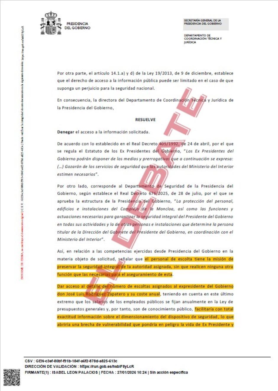 Resolución de Presidencia del Gobierno del 27 de enero