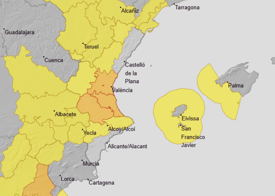 Mapa con los avisos previstos por Aemet para este martes 10 de febrero en la Comunidad Valenciana.