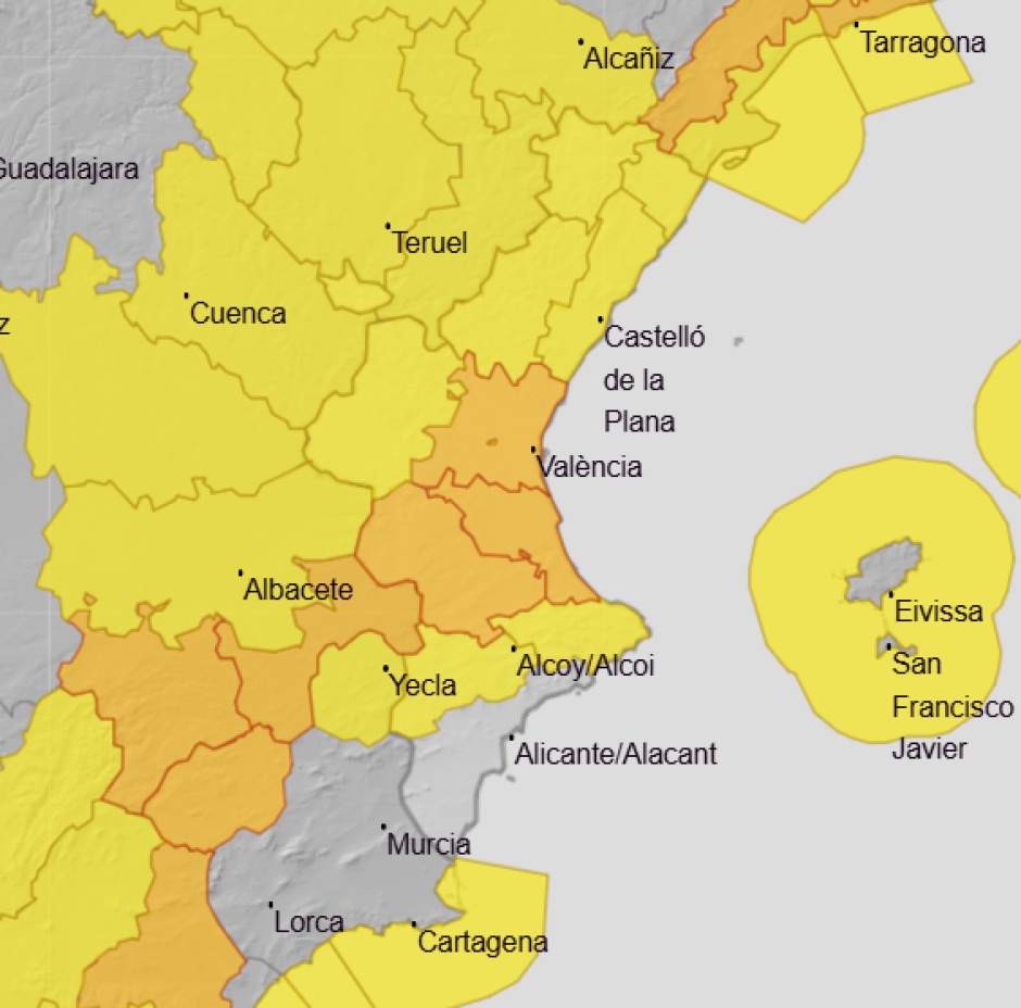 Mapa de Aemet con los avisos en la Comunidad Valenciana este miércoles 11 de febrero de 2026