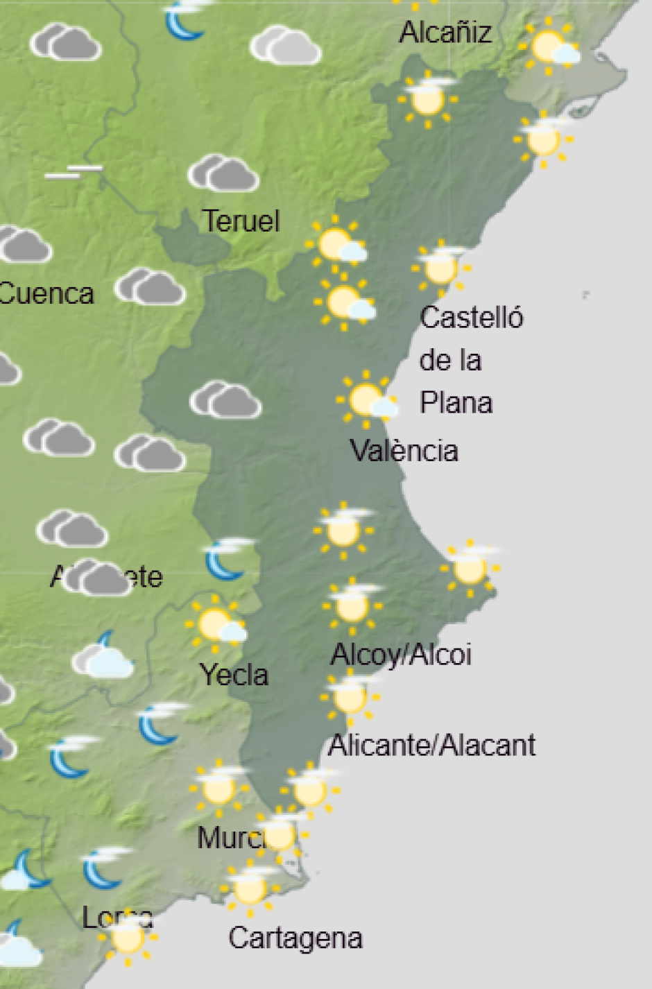 Mapa de Aemet con la previsión del tiempo para la Comunidad Valenciana este miércoles 11 de febrero de 2026