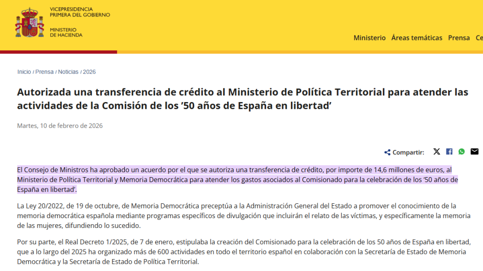 Comunicado del ministerio de Hacienda sobre esa transferencia de 14,6 millones