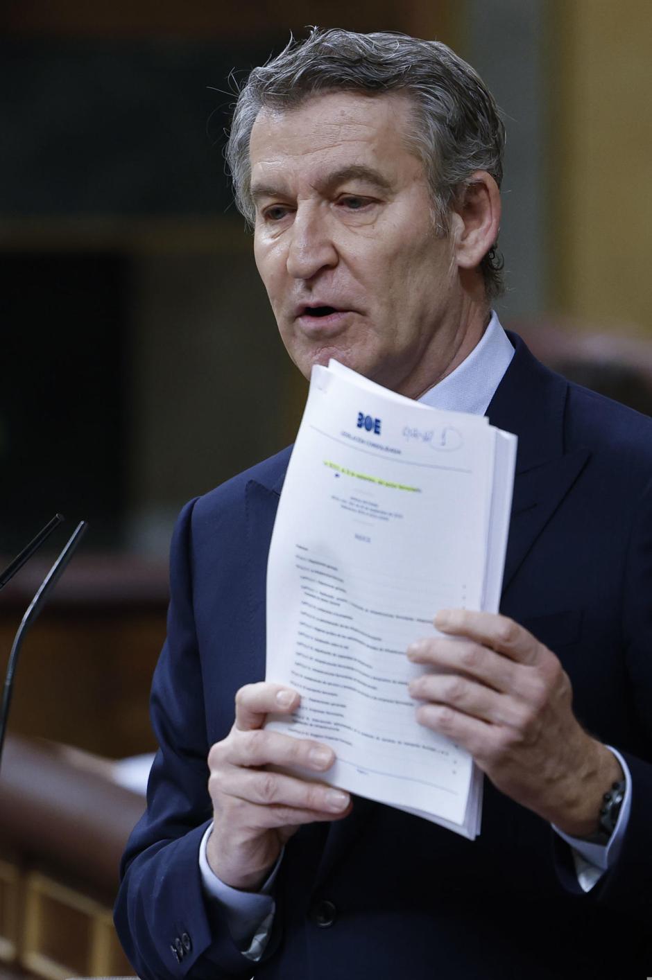 El presidente del PP, Alberto Núñez Feijóo, interviene desde la tribuna de oradores