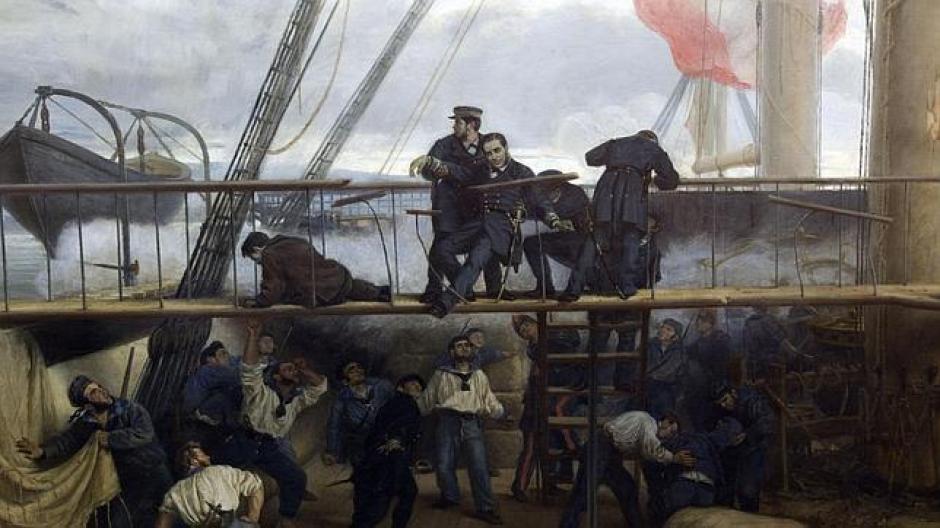 Lienzo de Antonio Muñoz Degrain del Museo Naval que representa el momento en que cayó herido el marino Méndez Núñez en el puente de la fragata Numancia durante el bombardeo a los fuertes de El Callao, el 2 de mayo de 1866