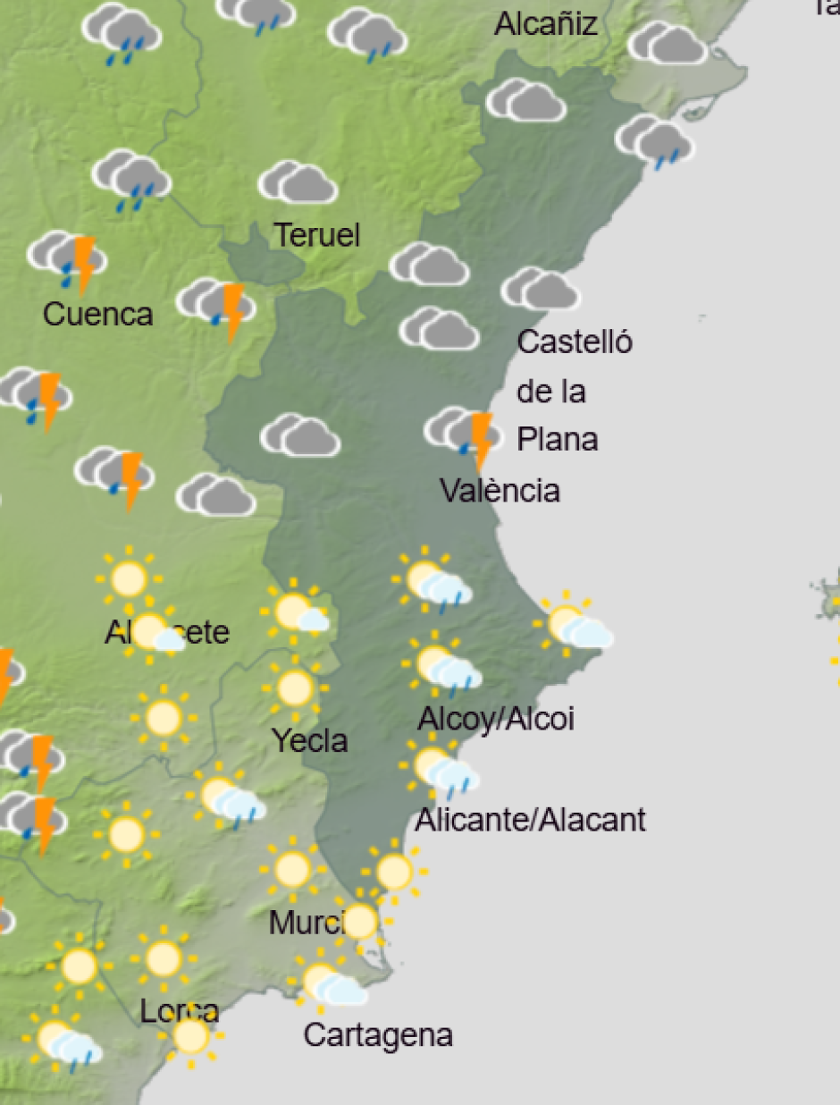 Mapa de Aemet con la previsión del tiempo en la Comunidad Valenciana este viernes 13 de febrero de 2026