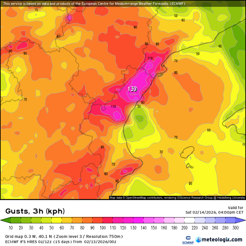 Previsión de vientos para la tarde del sábado 14 de febrero en la Comunidad Valenciana por la borrasca Oriana.