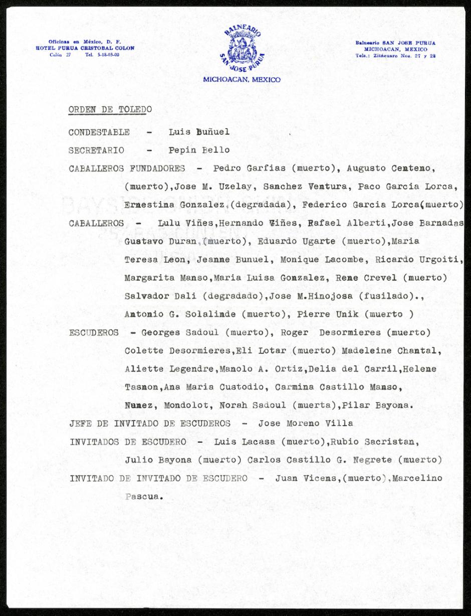 Eduardo Sánchez Butragueño
eduardoasb

Seguir
Lista de miembros de la Orden de Toledo mecanografiada por Buñuel. Archivo Buñuel, Filmoteca Española.