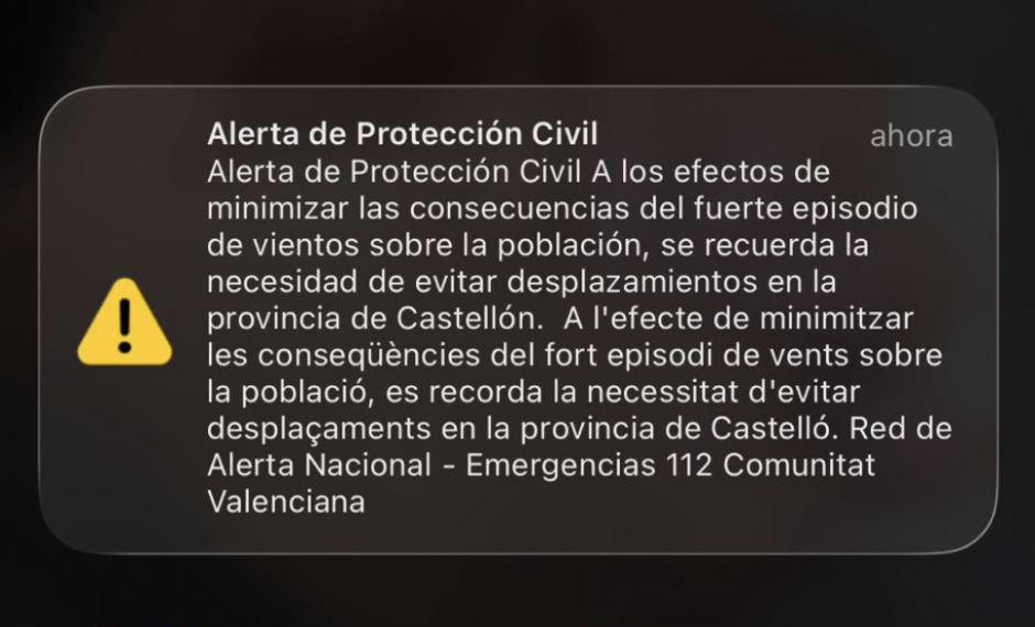 Imagen del Es-Alert remitido por la borrasca Oriana en la provincia de Castellón.