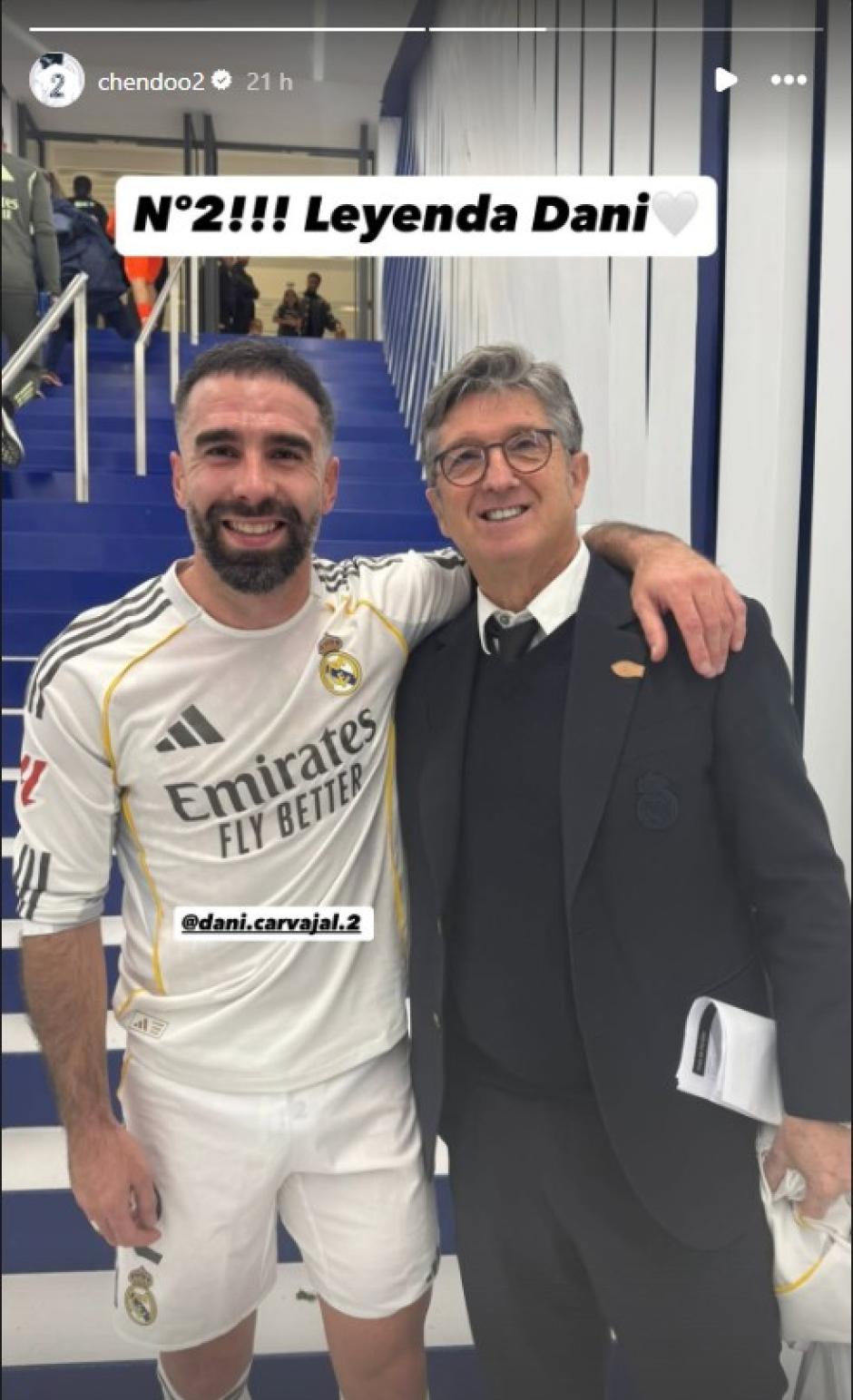Captura del mensaje que Chendo le dedicó a Carvajal después del Real Madrid - Real Sociedad