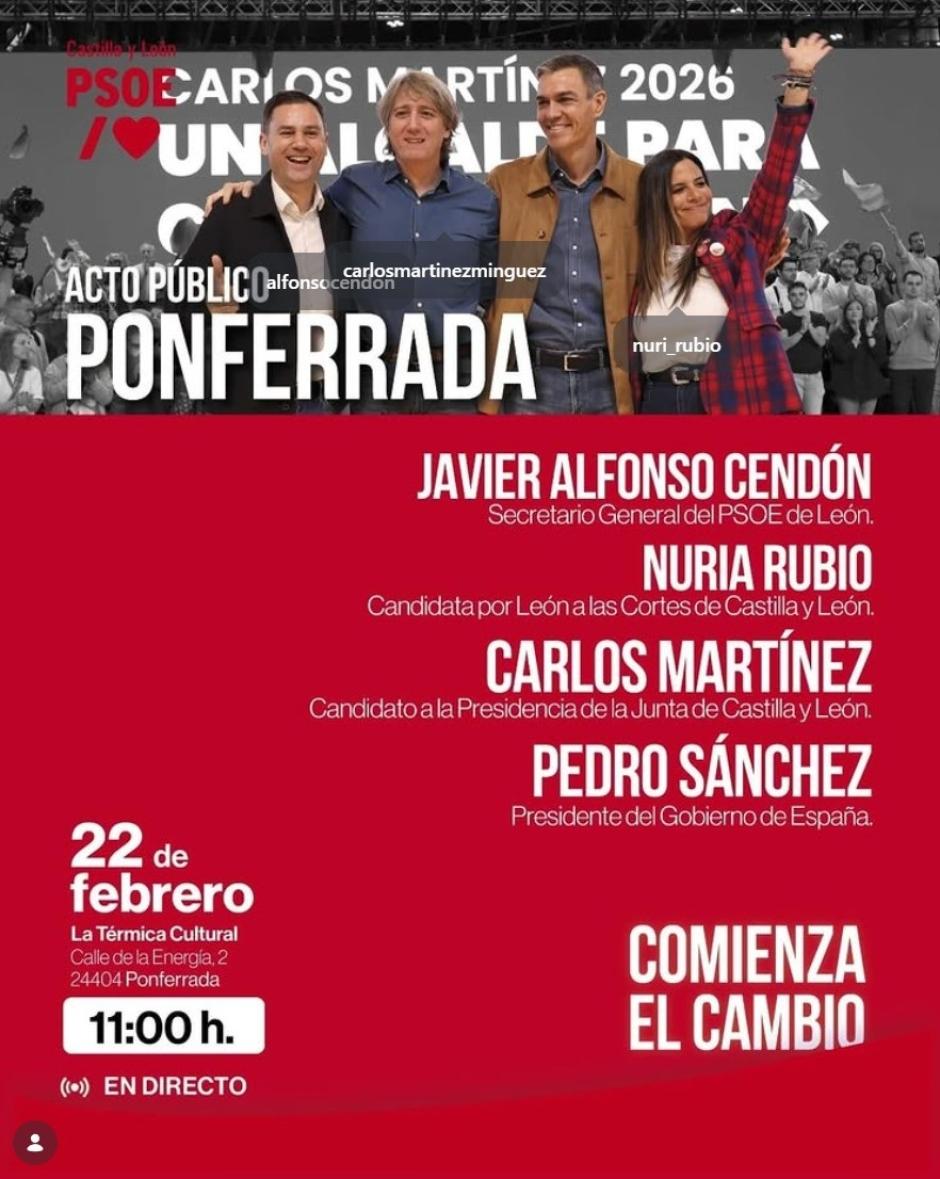 Cartel del acto público que se desarrollará este domingo en Ponferrada (León) con la presencia del presidente del Gobierno, Pedro Sánchez y el candidato del PSOE a la Presidencia de la Junta, Carlos Martínez
