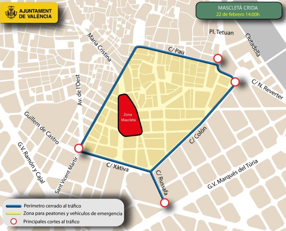 Imagen de los cortes y desvíos del tráfico para la Crida de las Fallas 2026