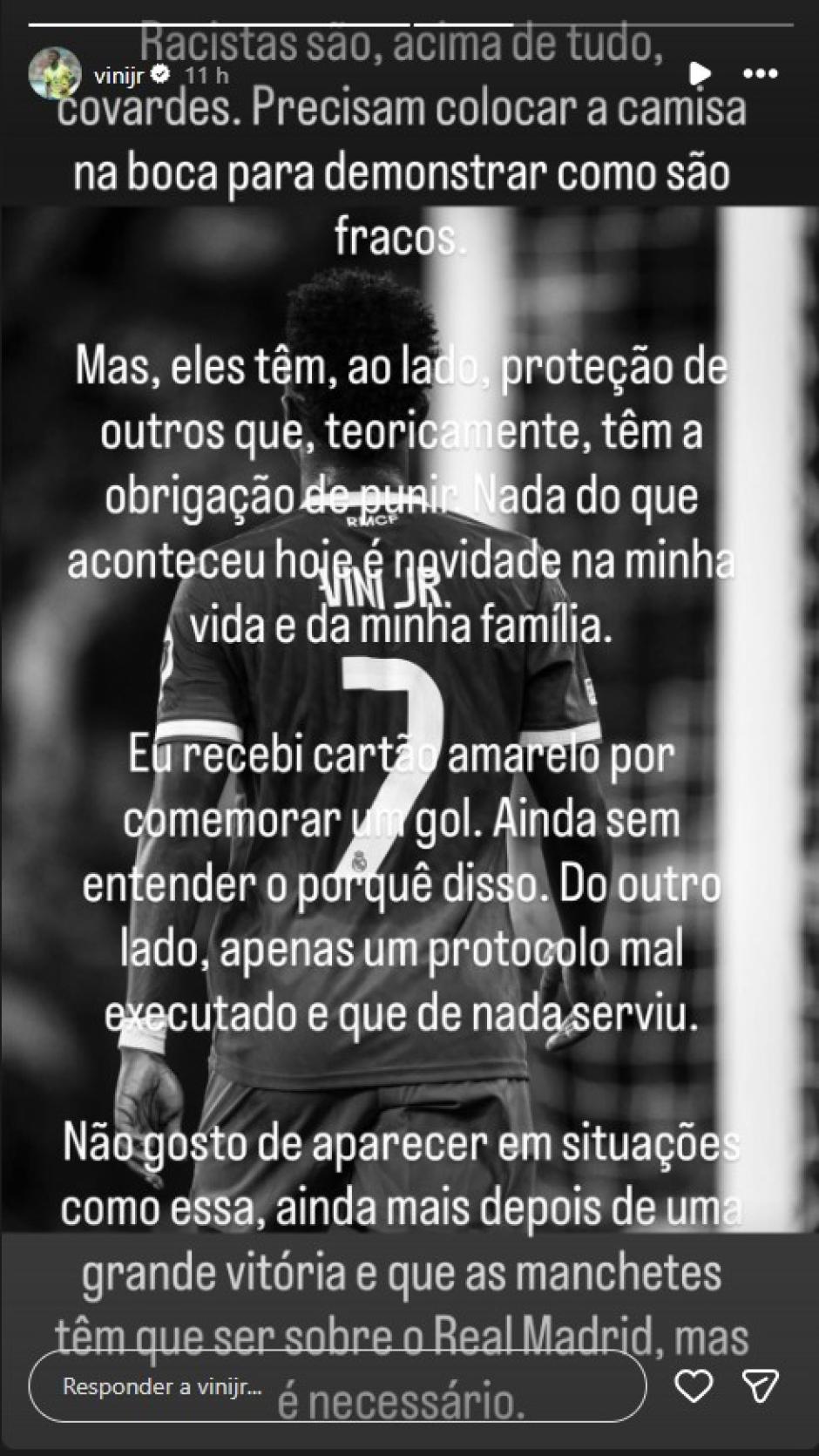 Captura de pantalla del mensaje publicado por Vinicius tras volver a sufrir insultos racistas