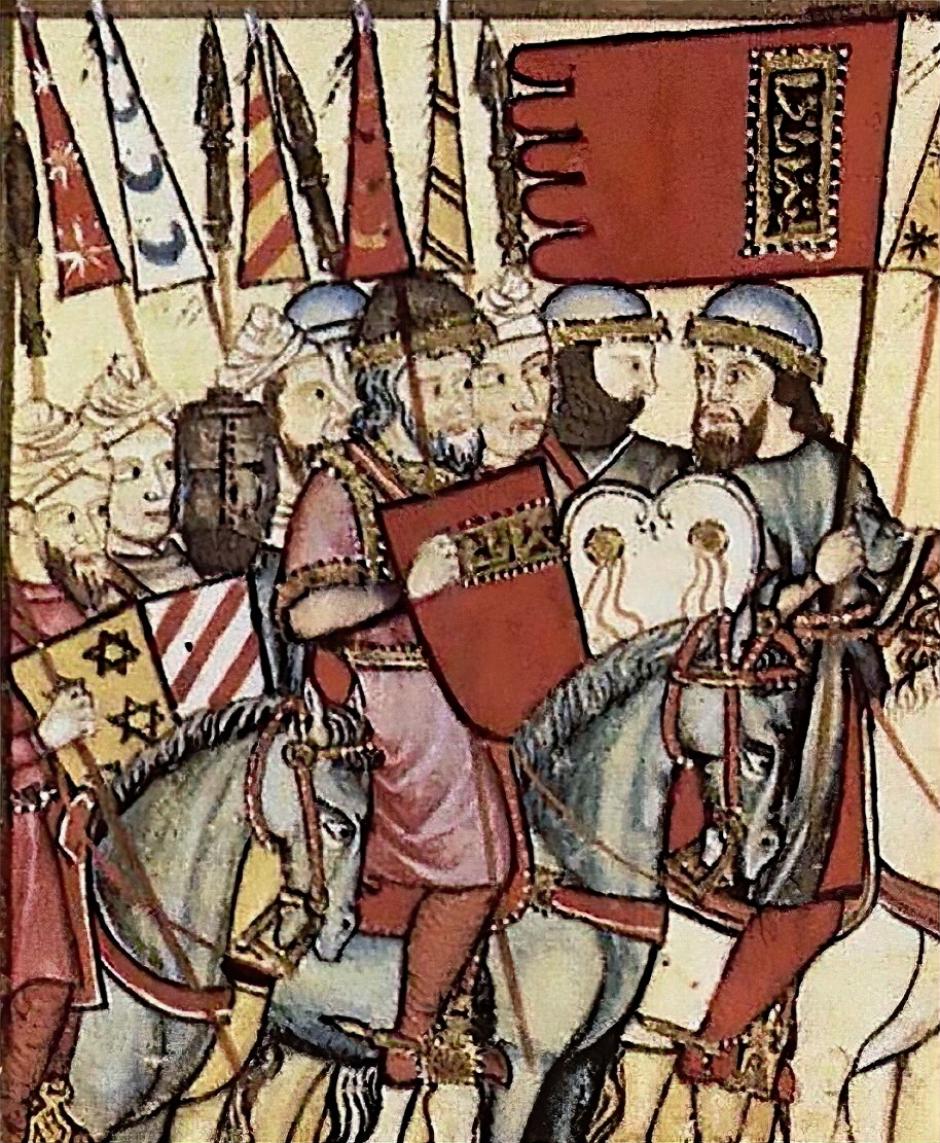 Alhamar el Rojo (túnica roja y escudo) representado al frente de sus tropas durante la revuelta mudéjar de 1264-1266 en las 'Cantigas de Santa María'