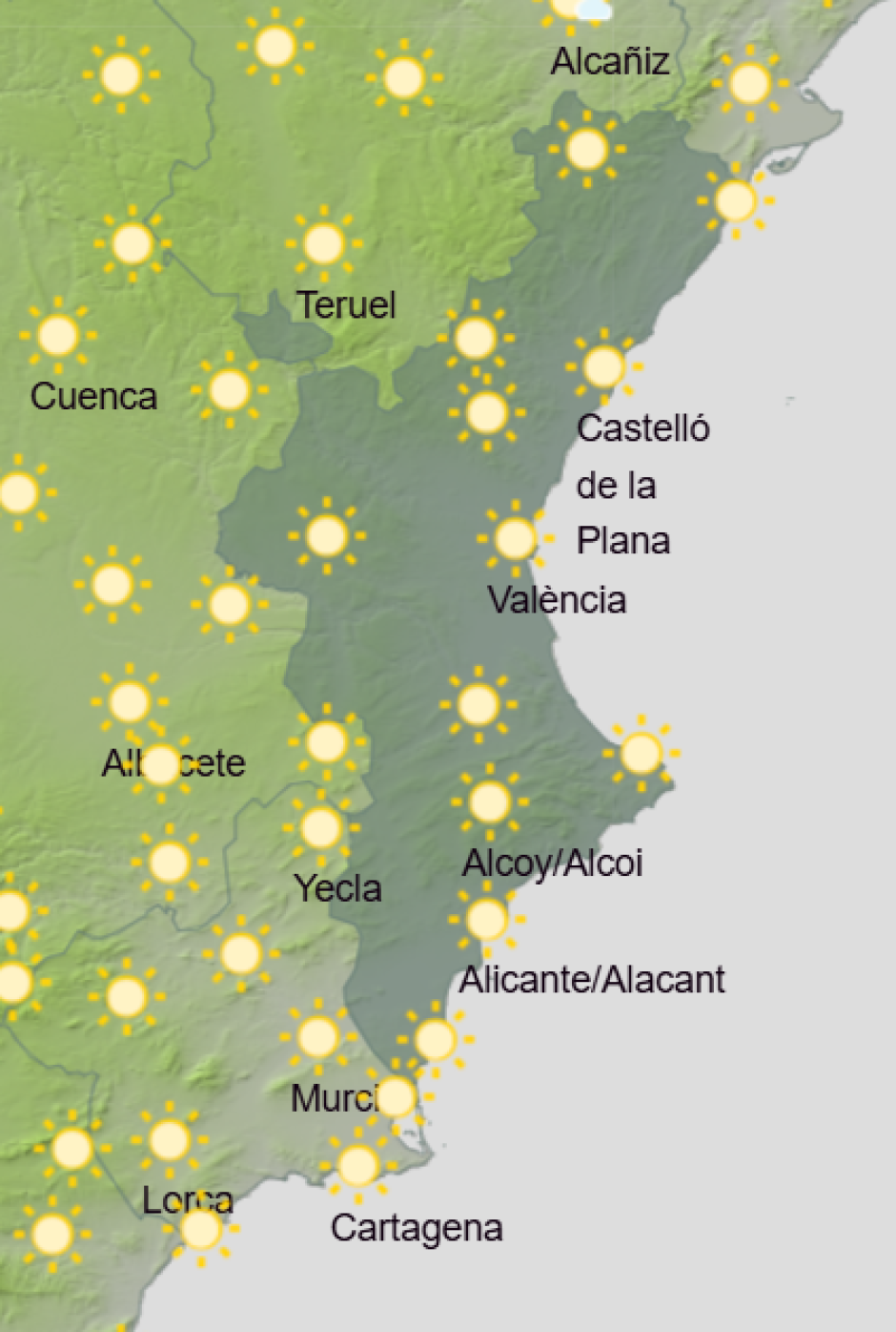 Mapa de Aemet con la previsión del tiempo en la Comunidad Valenciana este jueves 19 de febrero de 2026