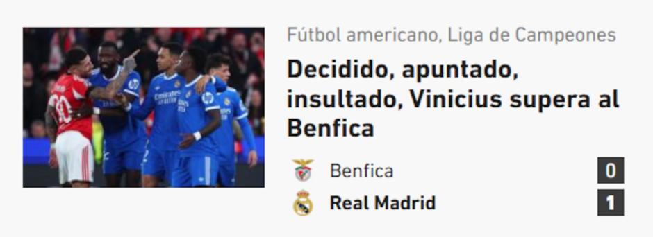 L'Équipe, en su edición en español, alabó el gol de Vinicius ante el Benfica y elevó su figura con "decisivo, apuntado e insultado"