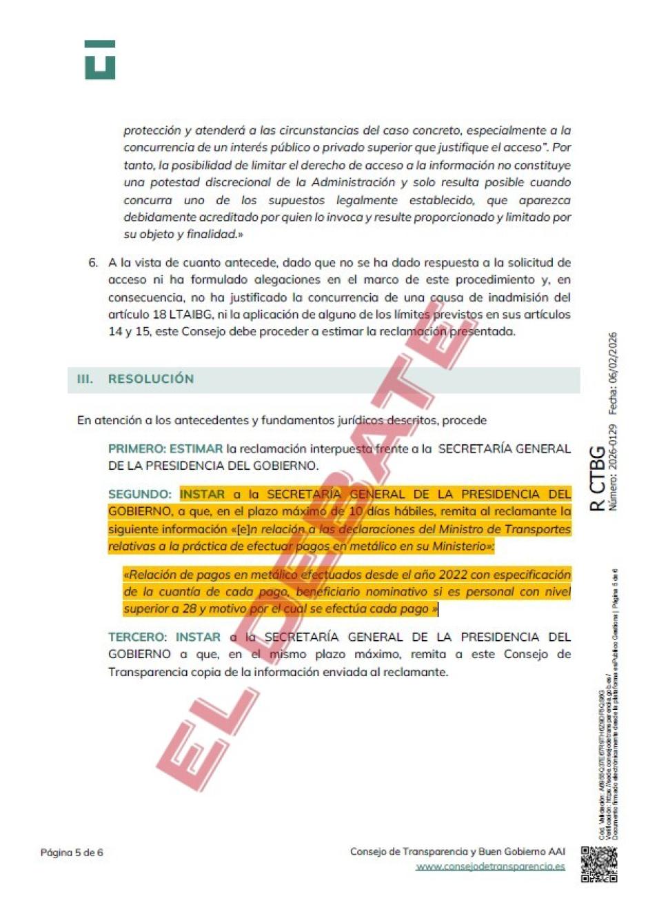 Extracto de la resolución 2026-129 del Consejo de Transparencia y Buen Gobierno