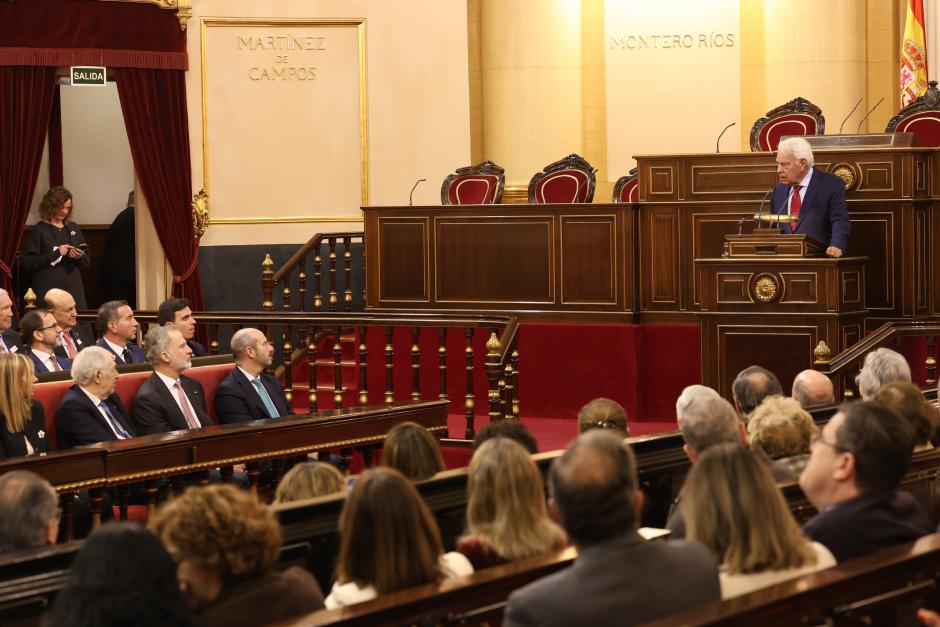 El Rey escucha las palabras de Felipe González en el Senado este miércoles