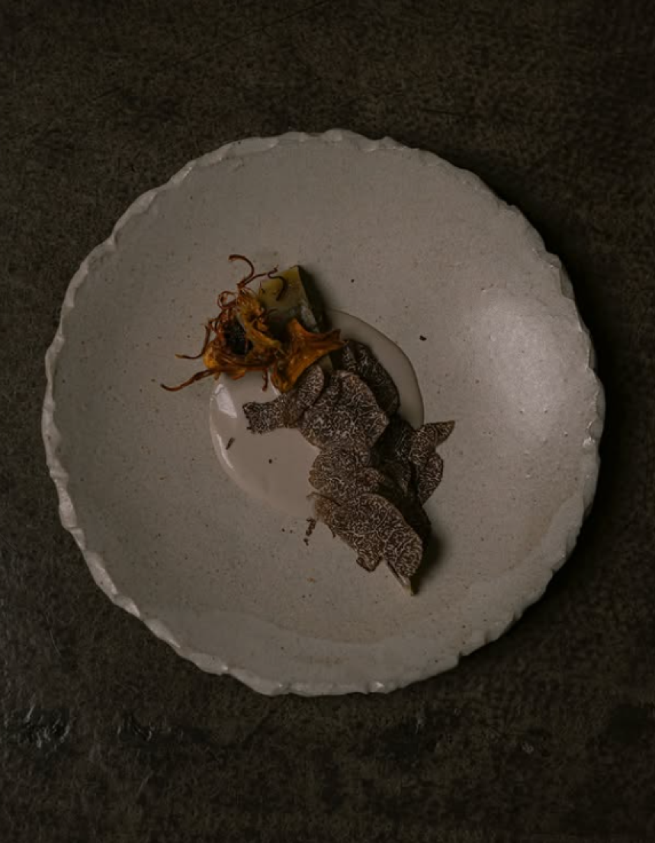 Alcachofa, trufa y tocino ibérico