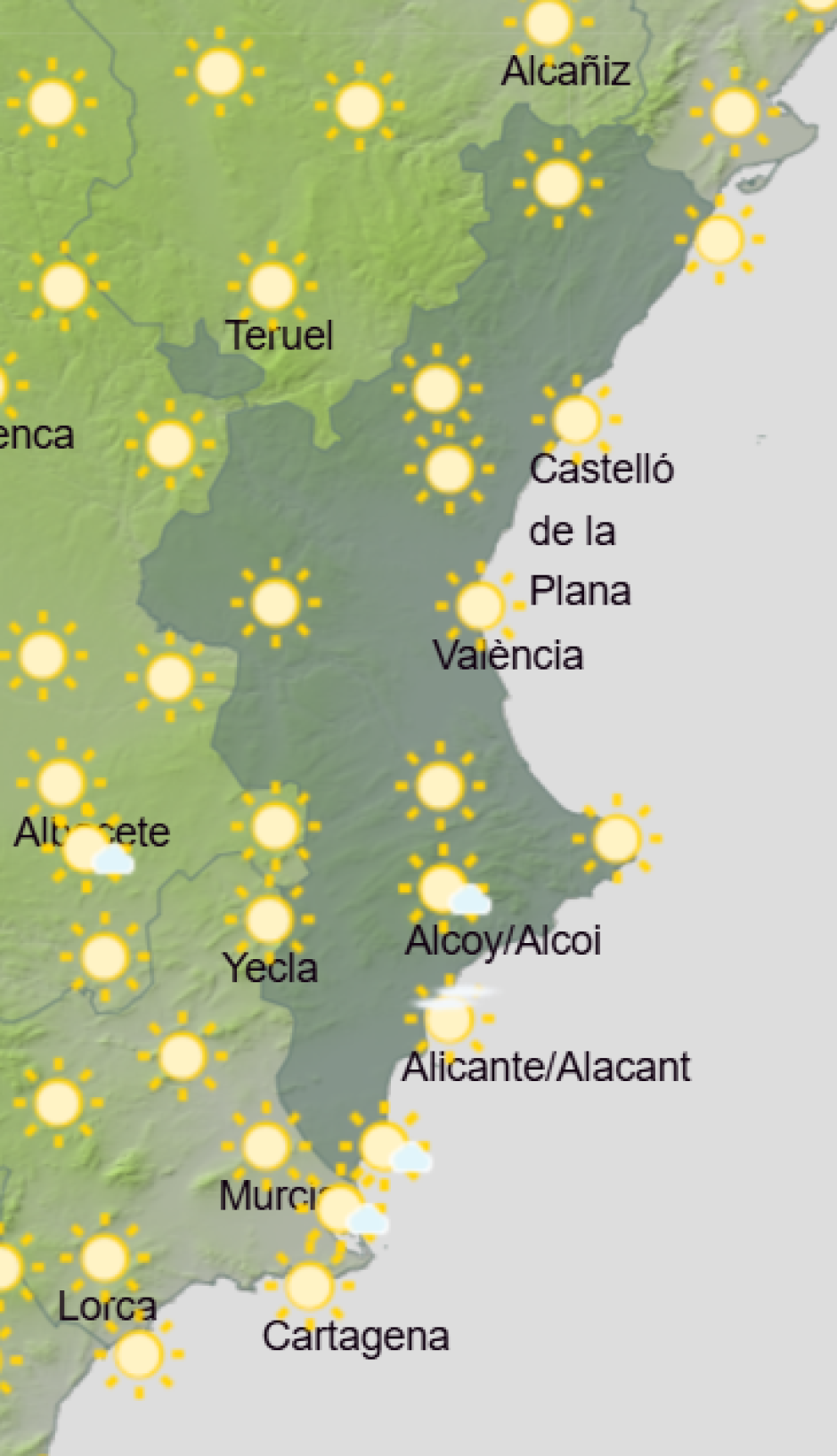Mapa de Aemet con la previsión del tiempo en la Comunidad Valenciana este jueves en la Comunidad Valenciana
