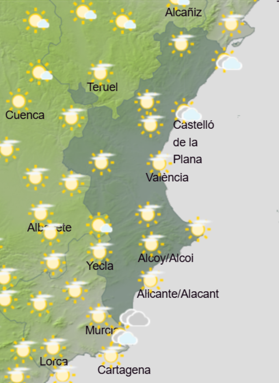 Mapa de Aemet con el pronóstico del tiempo en la Comunidad Valenciana este viernes 27 de febrero de 2026