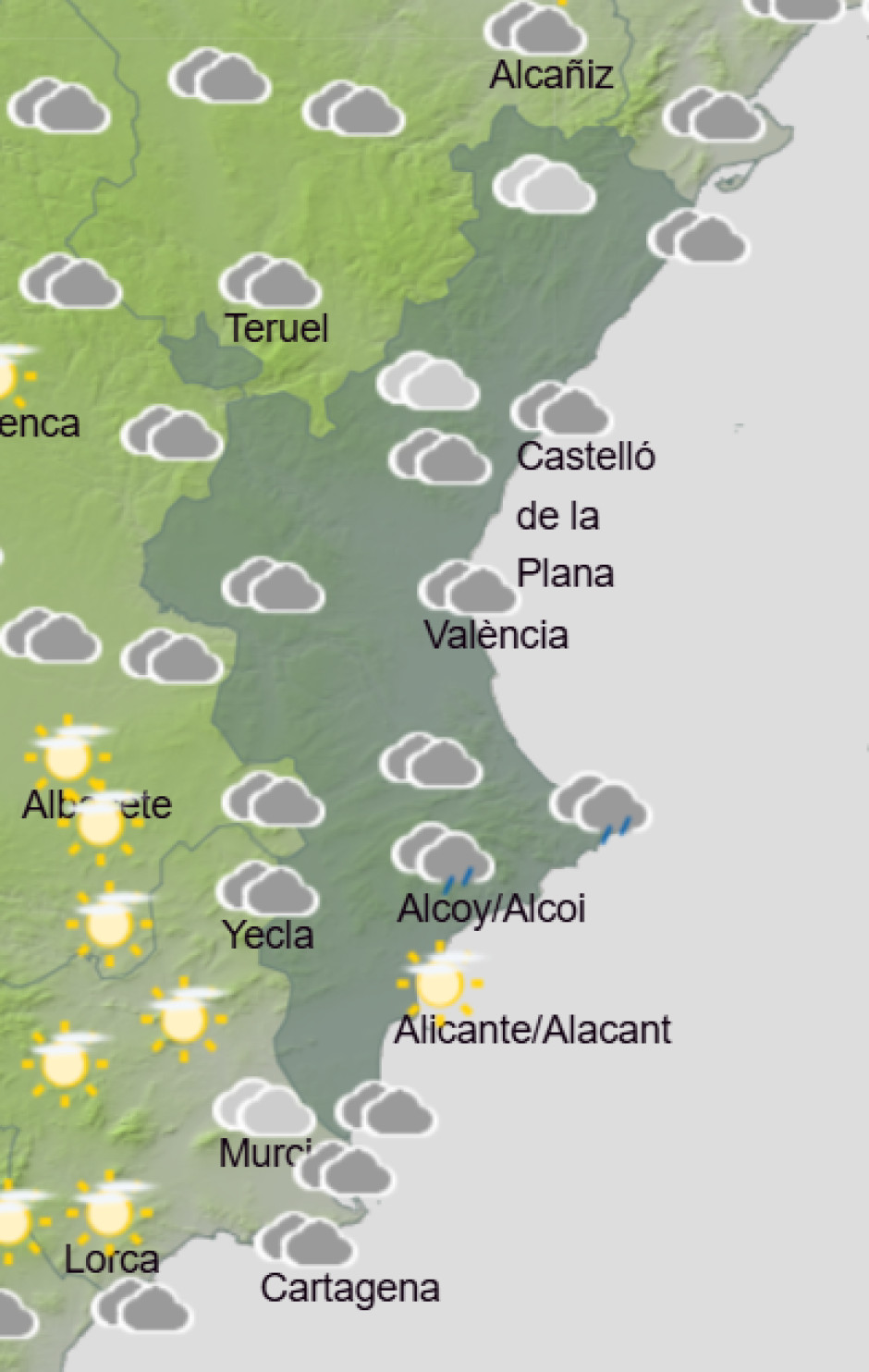 Mapa de Aemet con la previsión del tiempo en la Comunidad Valenciana este sábado 28 de febrero de 2026