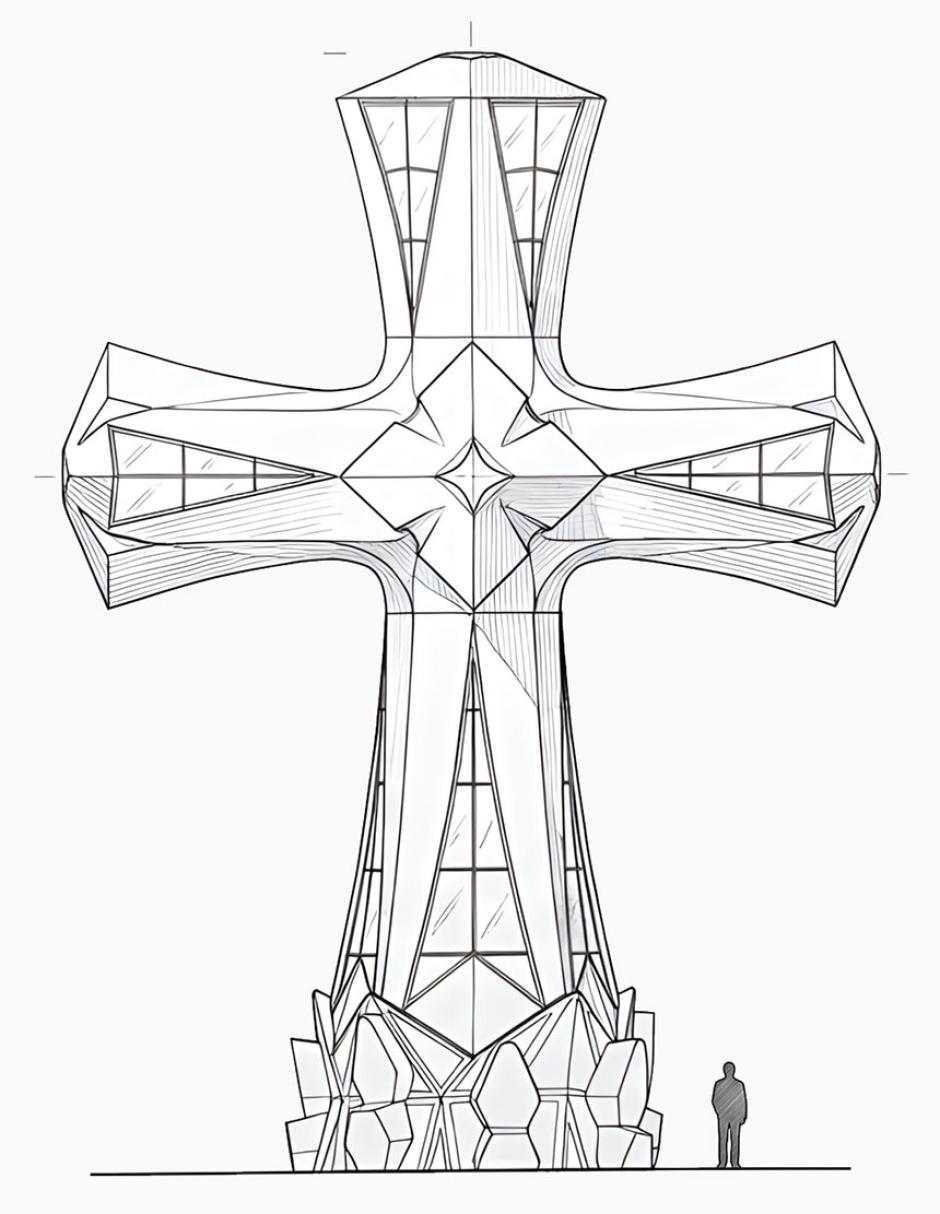 La cruz que corona la torre de Jesucristo, comparada con una persona de 1,80 metros de altura