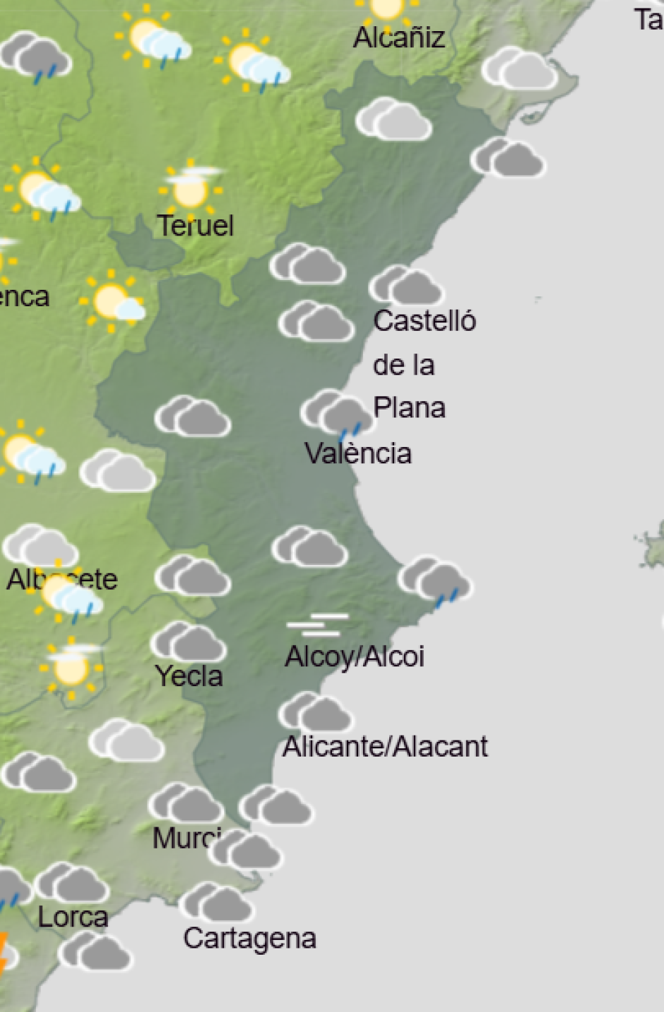 Mapa de Aemet con la previsión del tiempo en la Comunidad Valenciana este lunes 2 de marzo de 2026