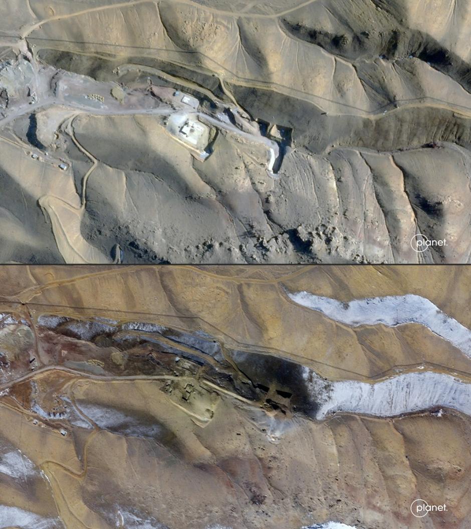 (
Esta combinación de imágenes satelitales proporcionadas por 2026 Planet Labs PBC, creada el 1 de marzo de 2026, muestra imágenes de una base de misiles en Tabriz, en el noroeste de Irán, el 23 de febrero (arriba), y de túneles derrumbados tras los ataques del 1 de marzo (abajo).