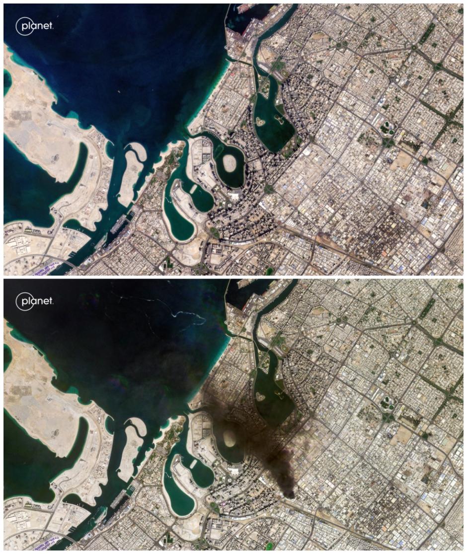 Columna de humo en Dubai tras un ataque realizado por Irán en respuesta a la ofensiva de Estados Unidos e Israel