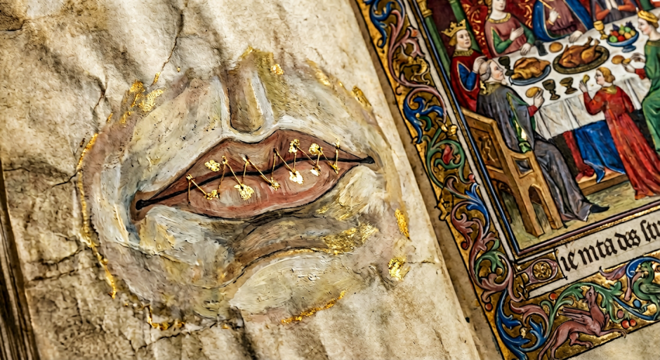 Ilustración hecha con IA que simula la boca cosida con un banquete medieval al lado