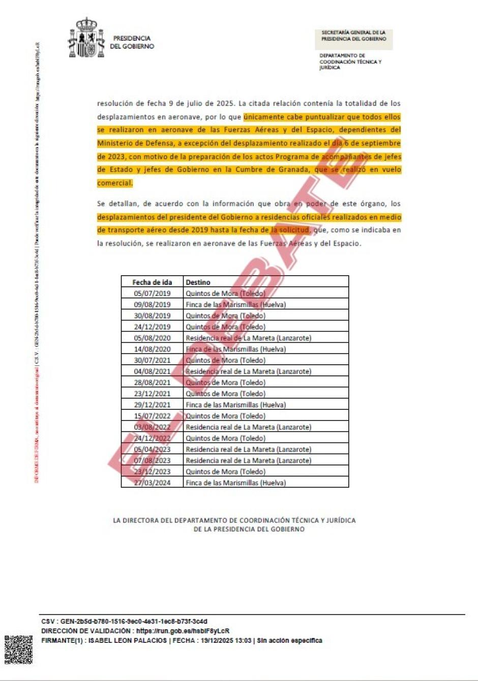 Resolución de Presidencia del Gobierno del pasado 19 de diciembre