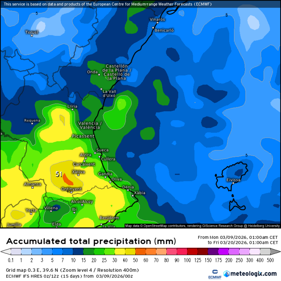 Mapa con la previsión de lluvias acumuladas hasta el 20 de marzo en Valencia según el modelo europeo ECMWF.