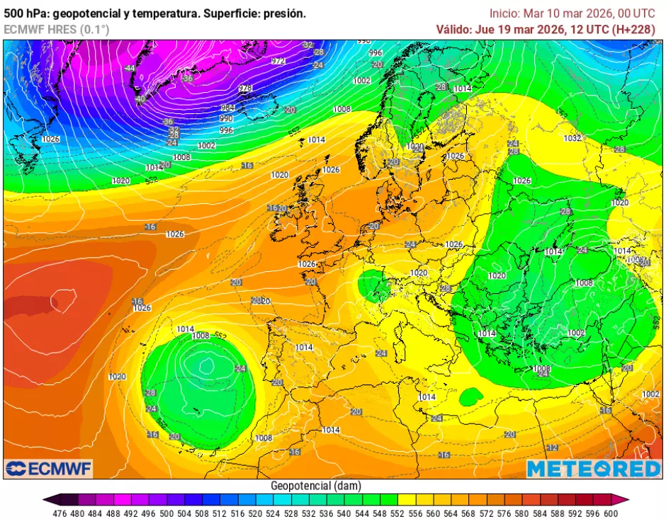 Mapa con la formación de una dana para el 19 de marzo.