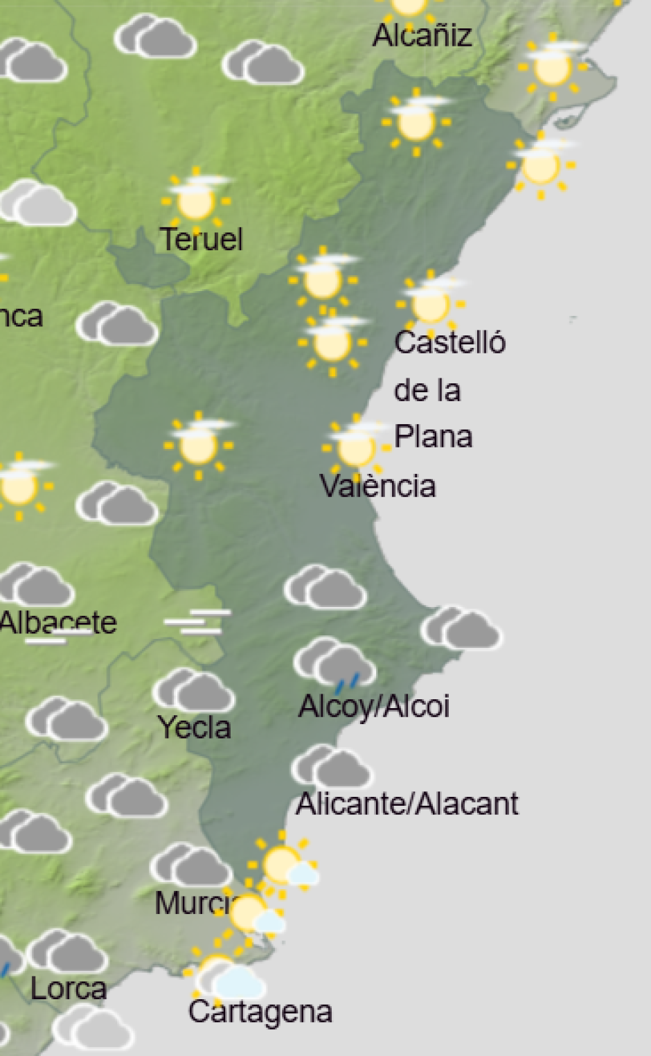 Mapa de Aemet con la previsión del tiempo en la Comunidad Valenciana este miércoles 11 de marzo de 2026
