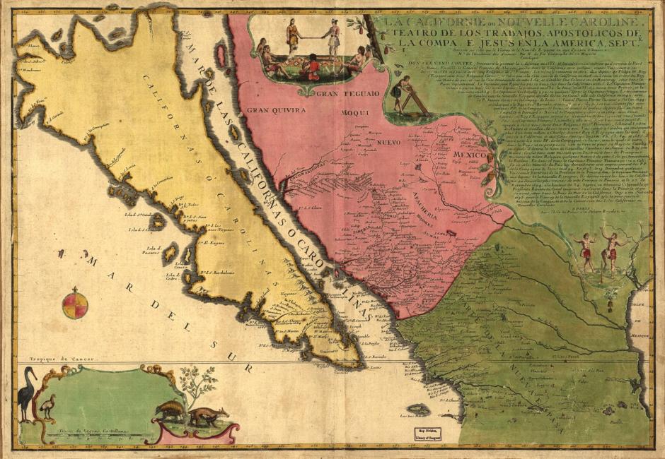 Este mapa, que fue coloreado a mano por el cartógrafo Nicolás de Fer, fue creado originalmente por Kino en 1696