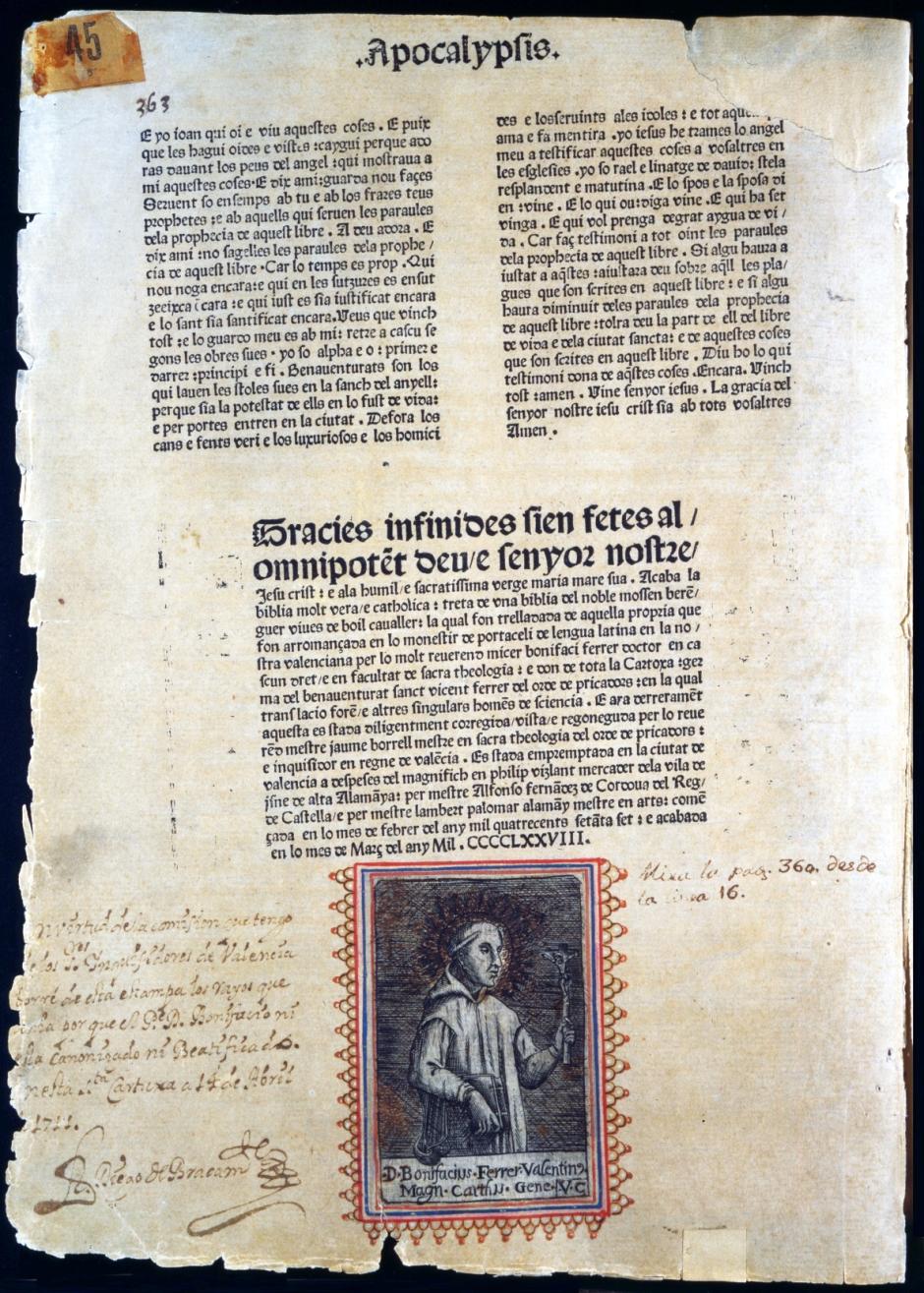 Hoja de la Biblia Valenciana que contiene Ap 22, 8-21, las últimas líneas de las Sagradas Escrituras