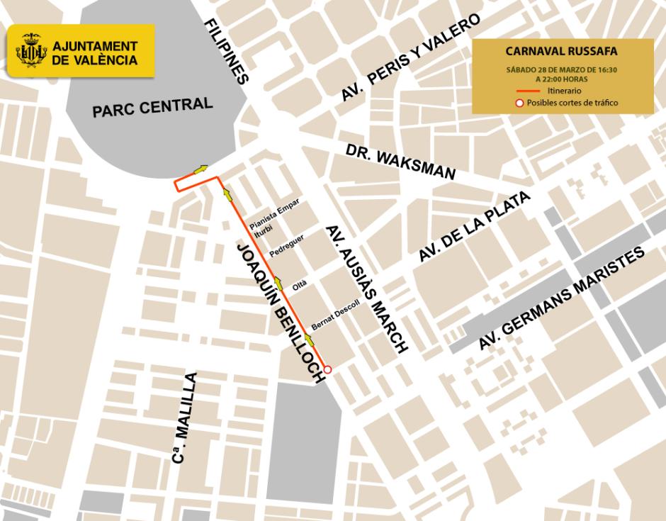 Imagen del recorrido del Carnaval de Ruzafa del 28 de marzo