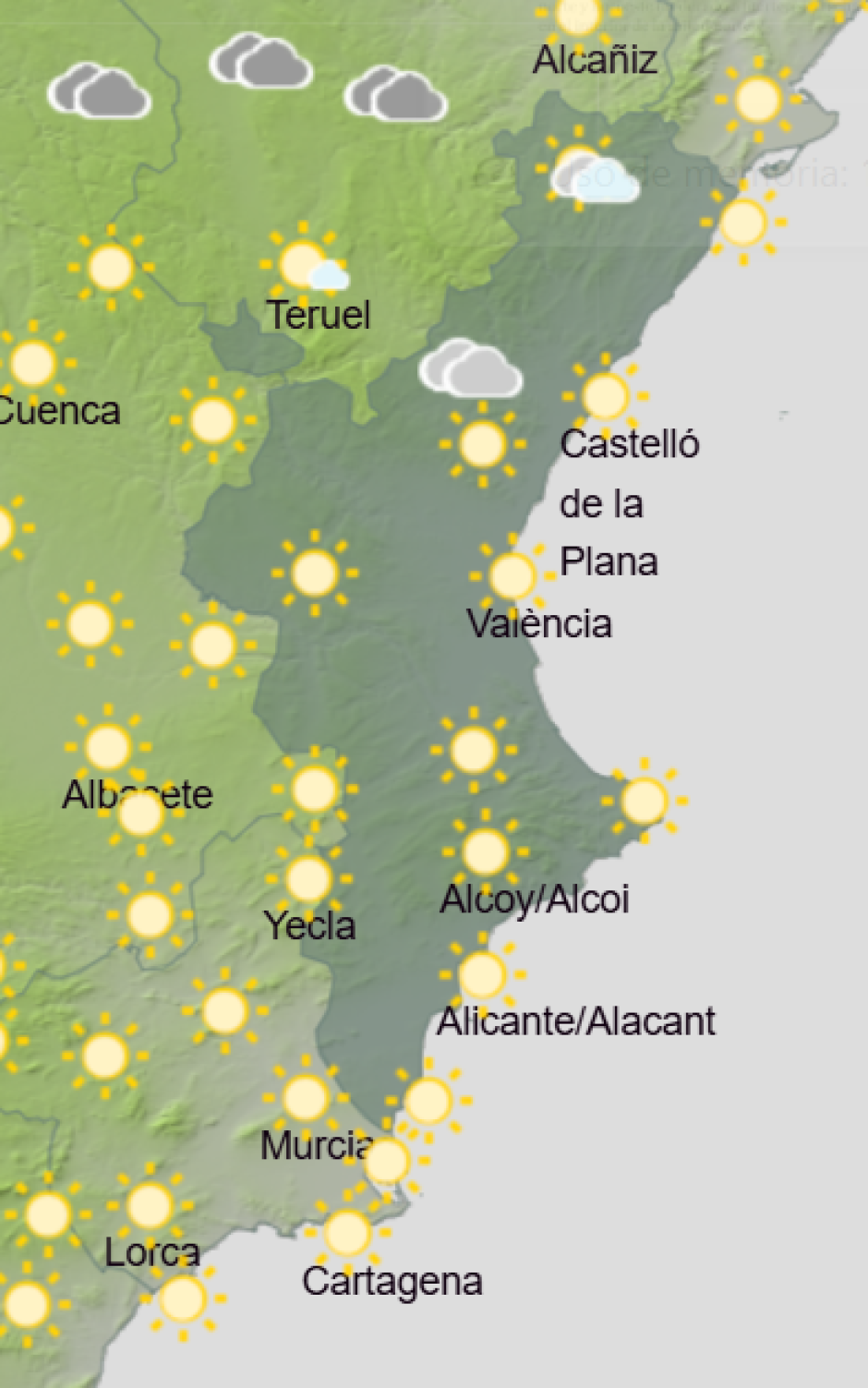 Mapa de Aemet con la previsión del tiempo en la Comunidad Valenciana este sábado 28 de marzo de 2026