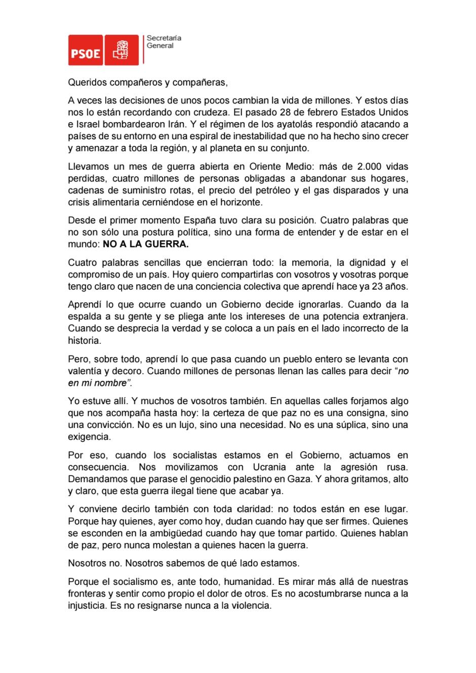 Primera página de la carta a la militancia de Sánchez