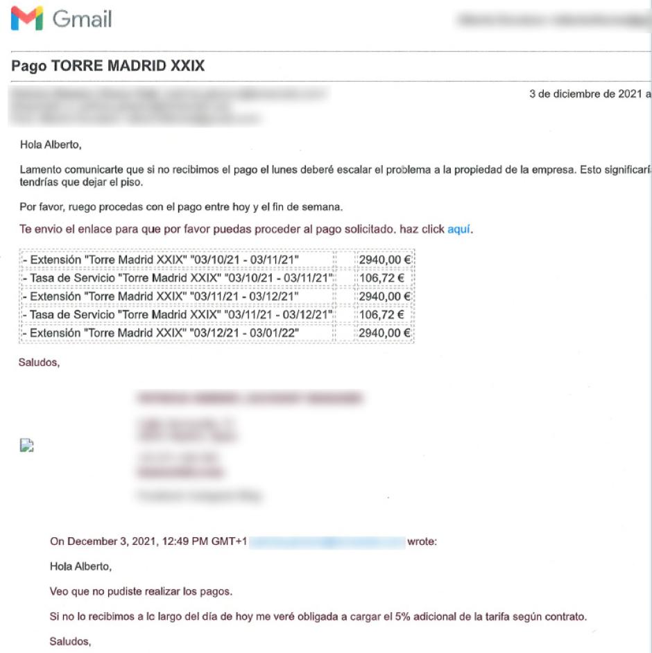 Correo electrónico en el que se le solicitan los pagos