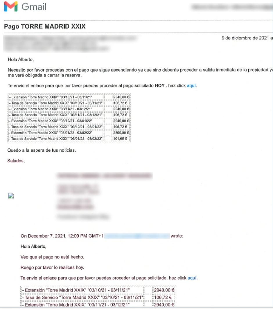 Correo electrónico en el que se le solicitan los pagos