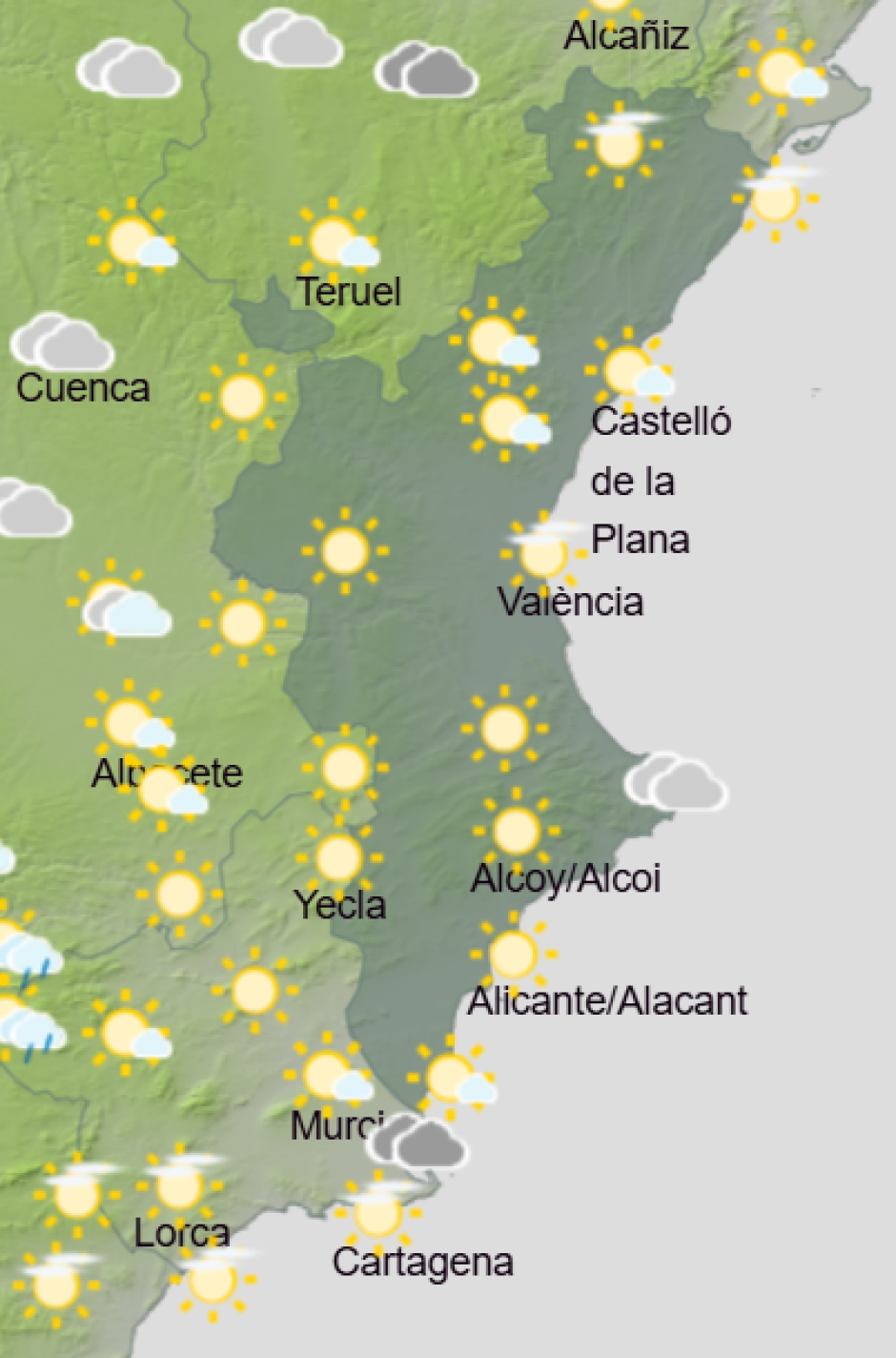 Mapa de Aemet con la previsión del tiempo en la Comunidad Valenciana este miércoles 8 de abril de 2026