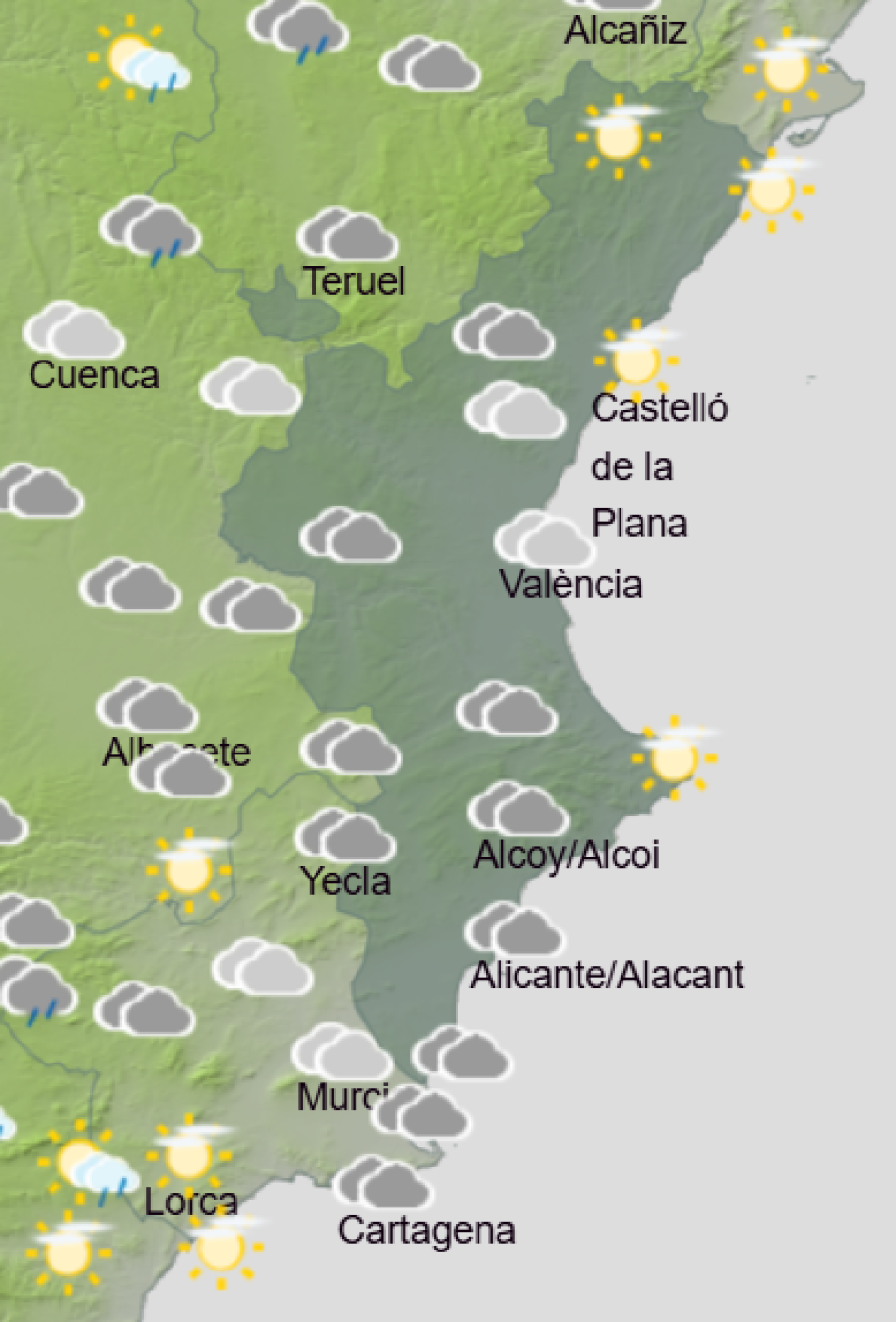Mapa de Aemet con la previsión del tiempo en la Comunidad Valenciana este sábado 11 de abril de 2026