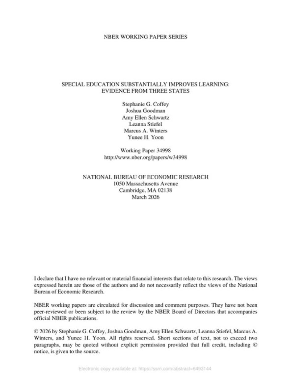 Portada del Working Paper n.º 34998 del NBER (marzo 2026), de Coffey, Goodman, Schwartz, Stiefel, Winters y Yoon