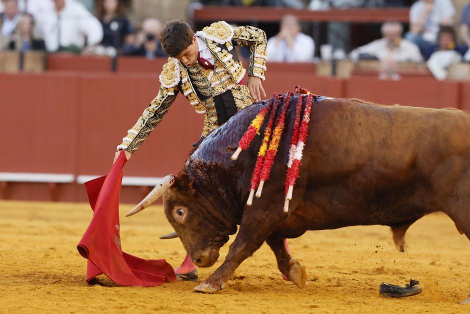 Muletazo de Aarón Palacio al segundo de su lote, al que cortó una oreja