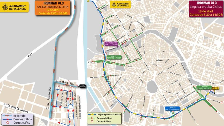 Imagen del mapa de la salida y la llegada de la vuelta ciclista, con el itinerario completo y los cortes de tráfico