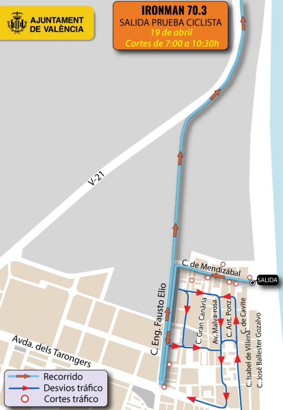 Imagen del mapa de la salida de la prueba ciclista del Ironman Valencia