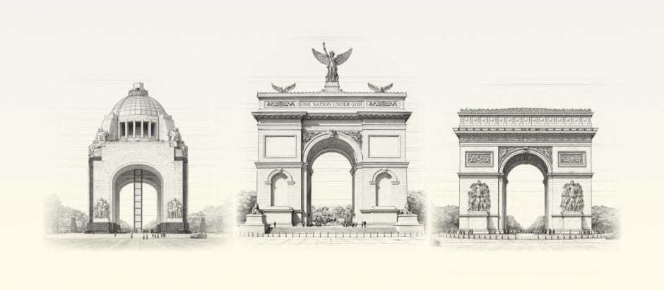(De izq. a dcha.) Los arcos del triunfo de México, Estados Unidos y Francia